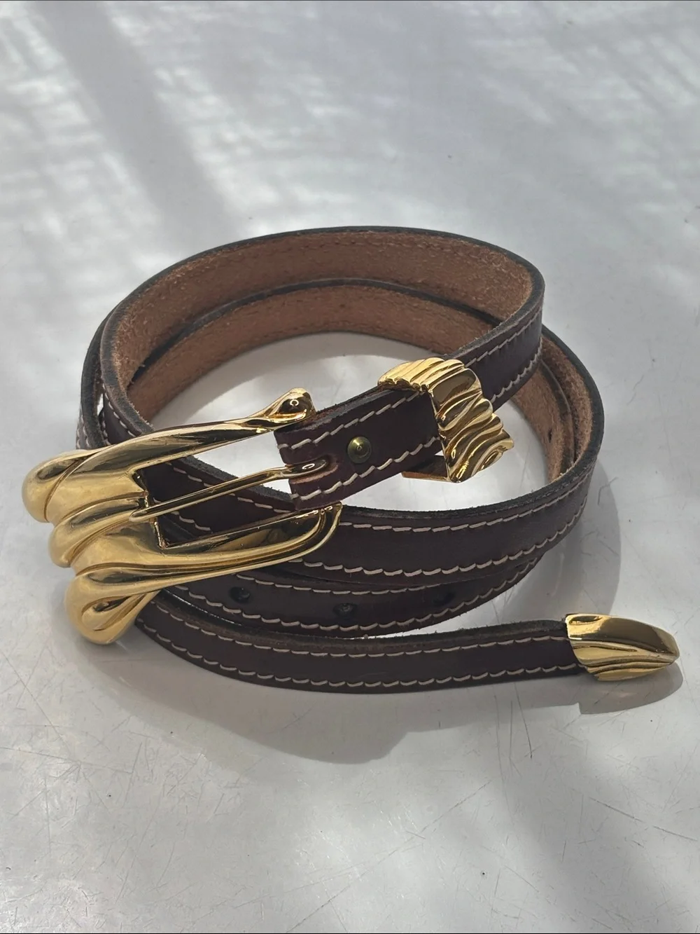 VTG 1983 Calderon Brown Leather Belt with Gold-Tone Sculpted Buckle